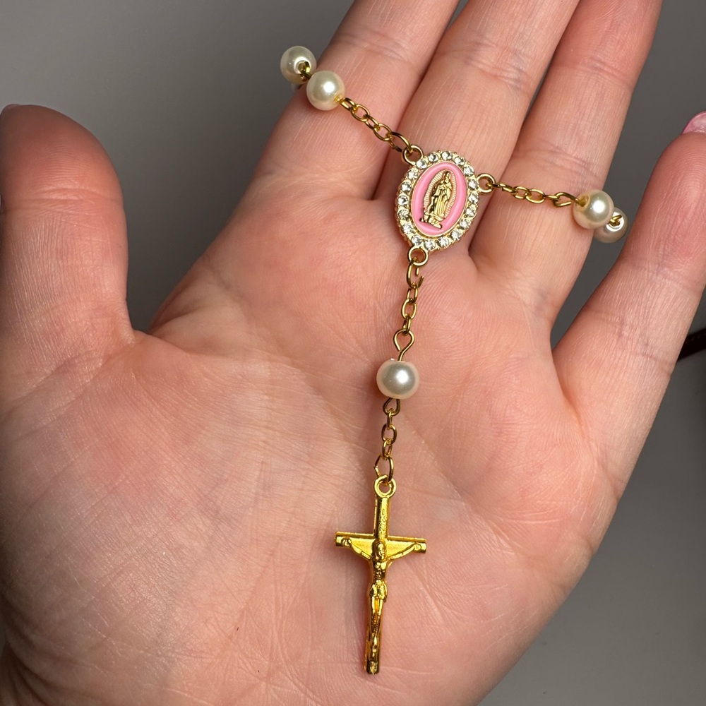 Pink & Gold Rosary Bag Charm/Keychain | Pearls, Crucifix & Lady Guadalupe Accent - Picture 9 of 12